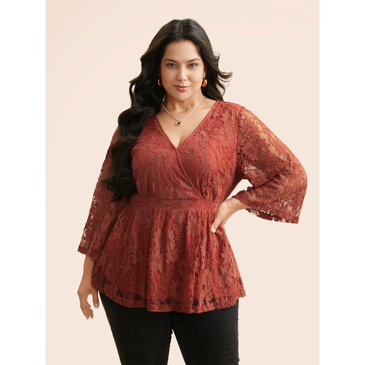 Plus Size Russet Crochet Lace Mesh Bell Sleeve Blouse Women Elegant Long Sleeve Overlap Collar Everyday Blouses BloomChic 10/M Product Image
