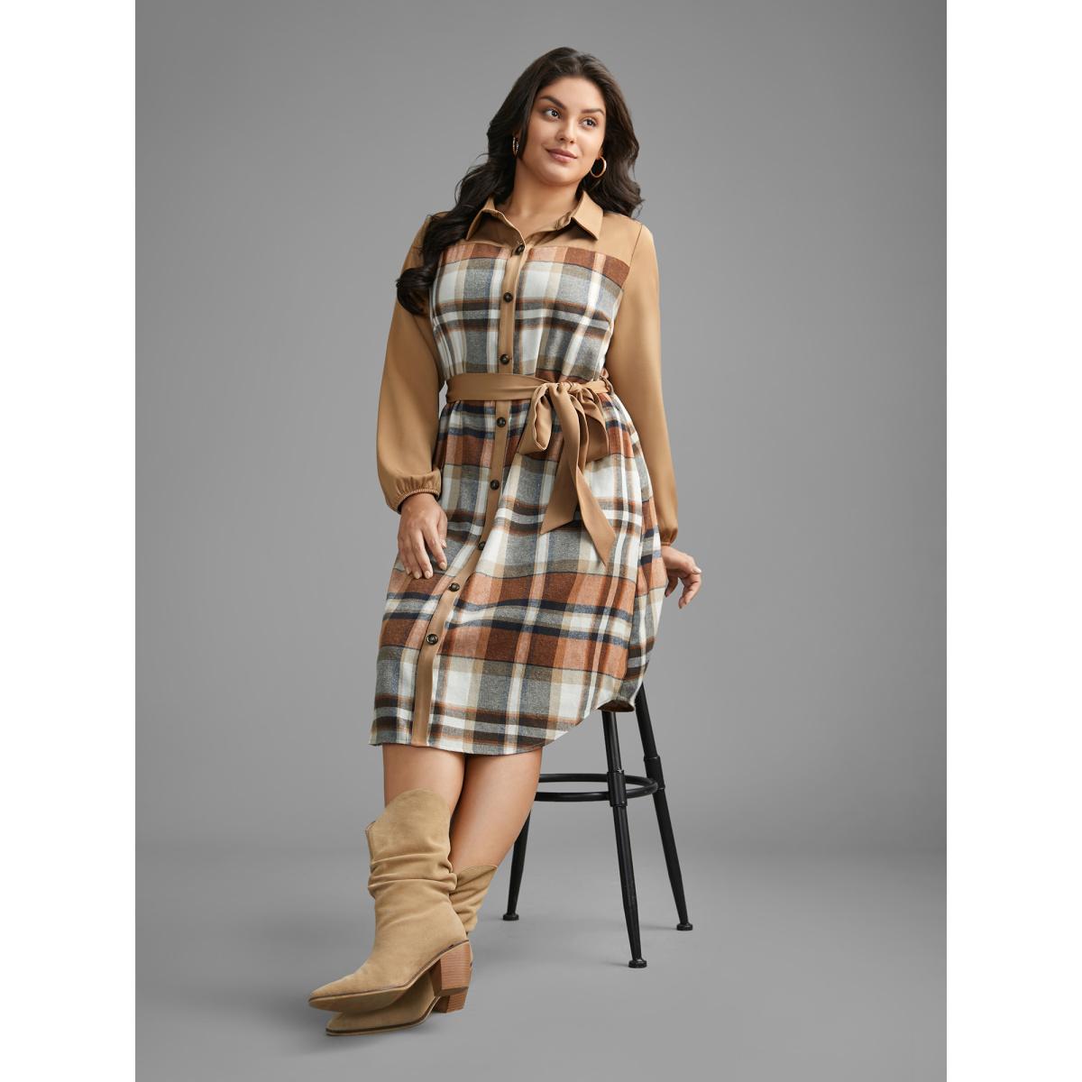 Plus Size Shirt Collar Plaid Patchwork Belted Dress Bronze Women Casual Belted Shirt collar Long Sleeve Curvy BloomChic 14-16/1X Product Image
