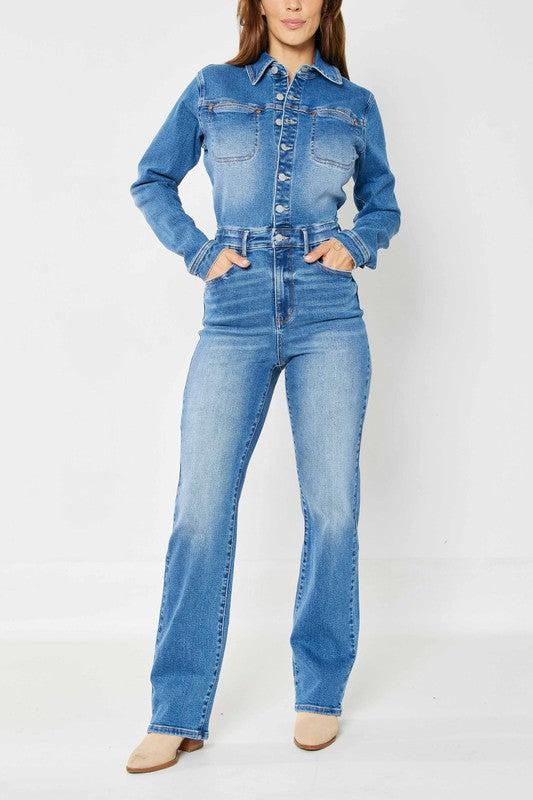 88719   Calista Hi-Rise Long Sleeve Slim Straight Leg Jumpsuit by Judy Blue Jeans Product Image