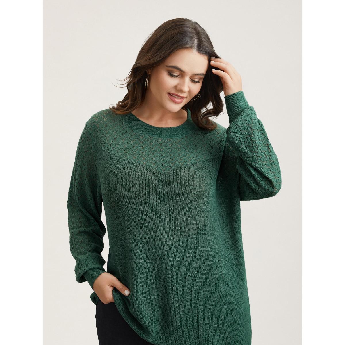 Plus Size Cut-Out Textured Ribbed Hem Pullover Truegreen Women Casual Loose Long Sleeve Round Neck Everyday Pullovers BloomChic 18-20/2X Product Image