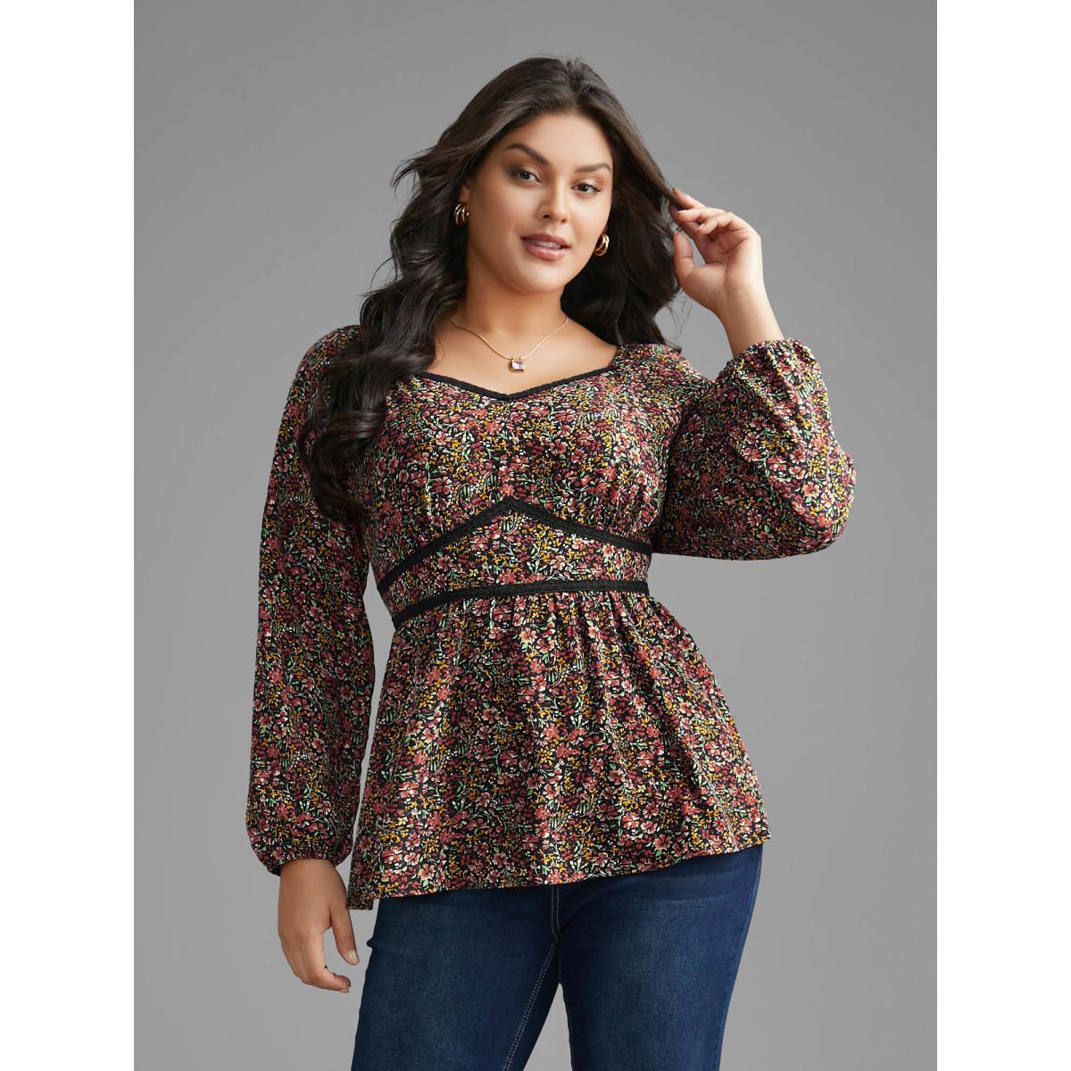 Plus Size Black Ditsy Floral Woven Ribbon Gathered Blouse Women Elegant Long Sleeve Heart neckline Everyday Blouses BloomChic 12/L Product Image