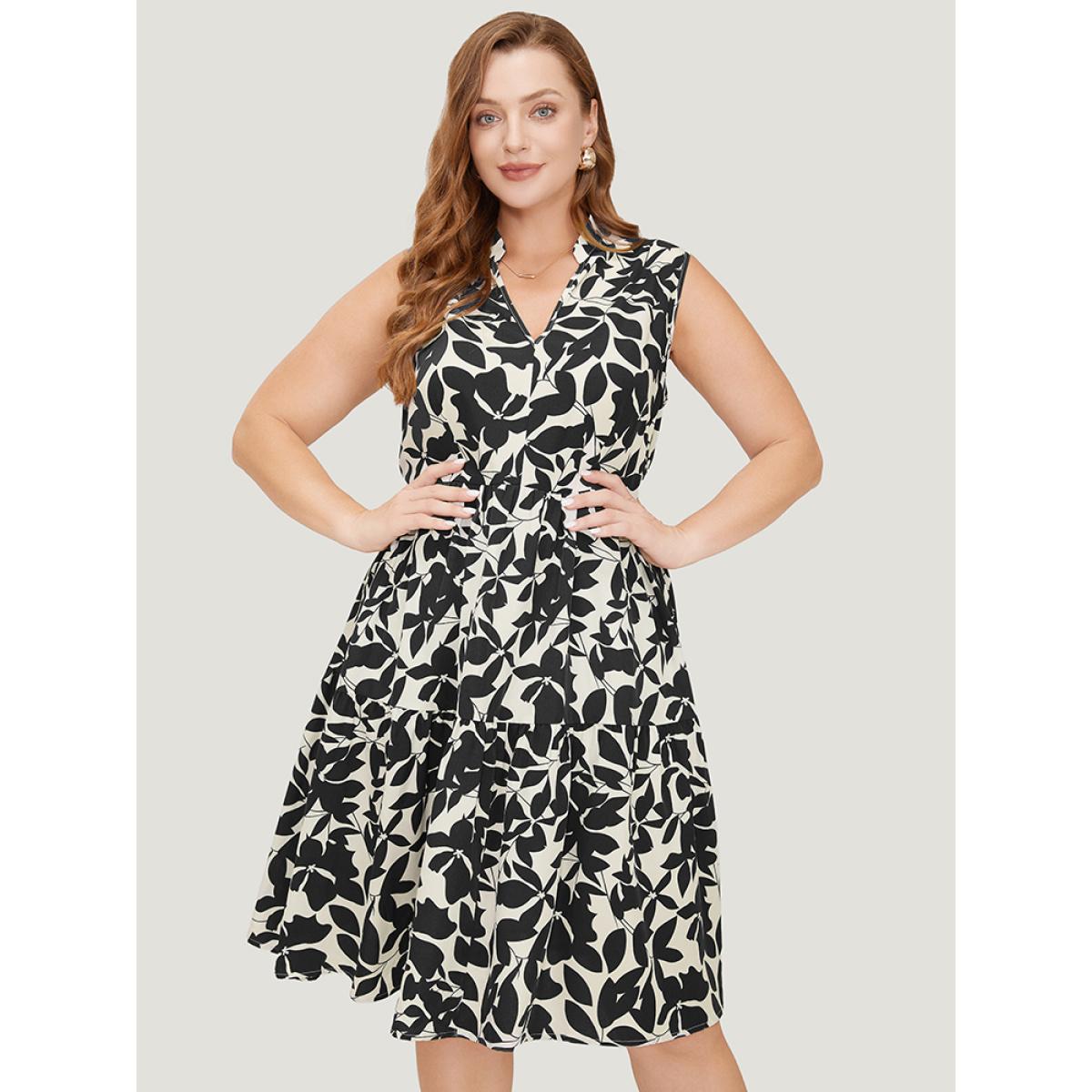 Plus Size Floral Ptrint Pocket Ruffle Tiered Stand Collar Tank Dress Black Women Elegant Tiered Stand-up collar Sleeveless Curvy Knee Dress BloomChic 28/5X Product Image