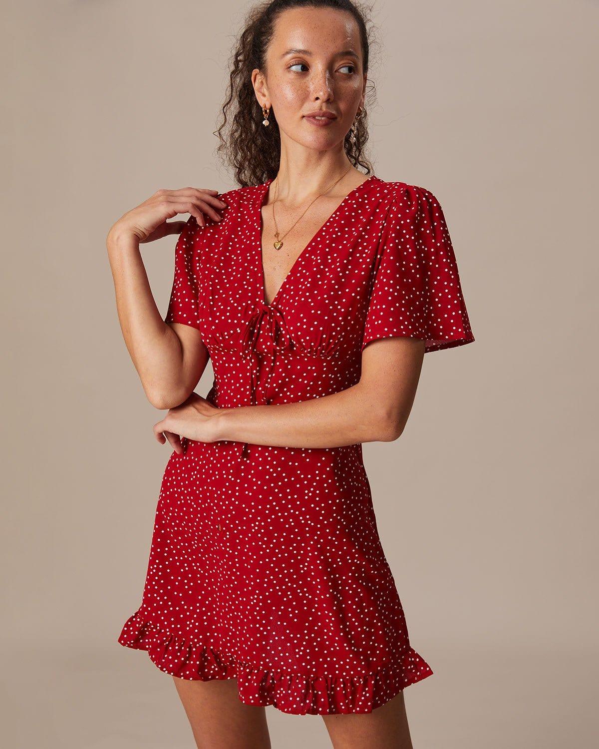 The Red V Neck Polka Dot Flounce Mini Dress Product Image