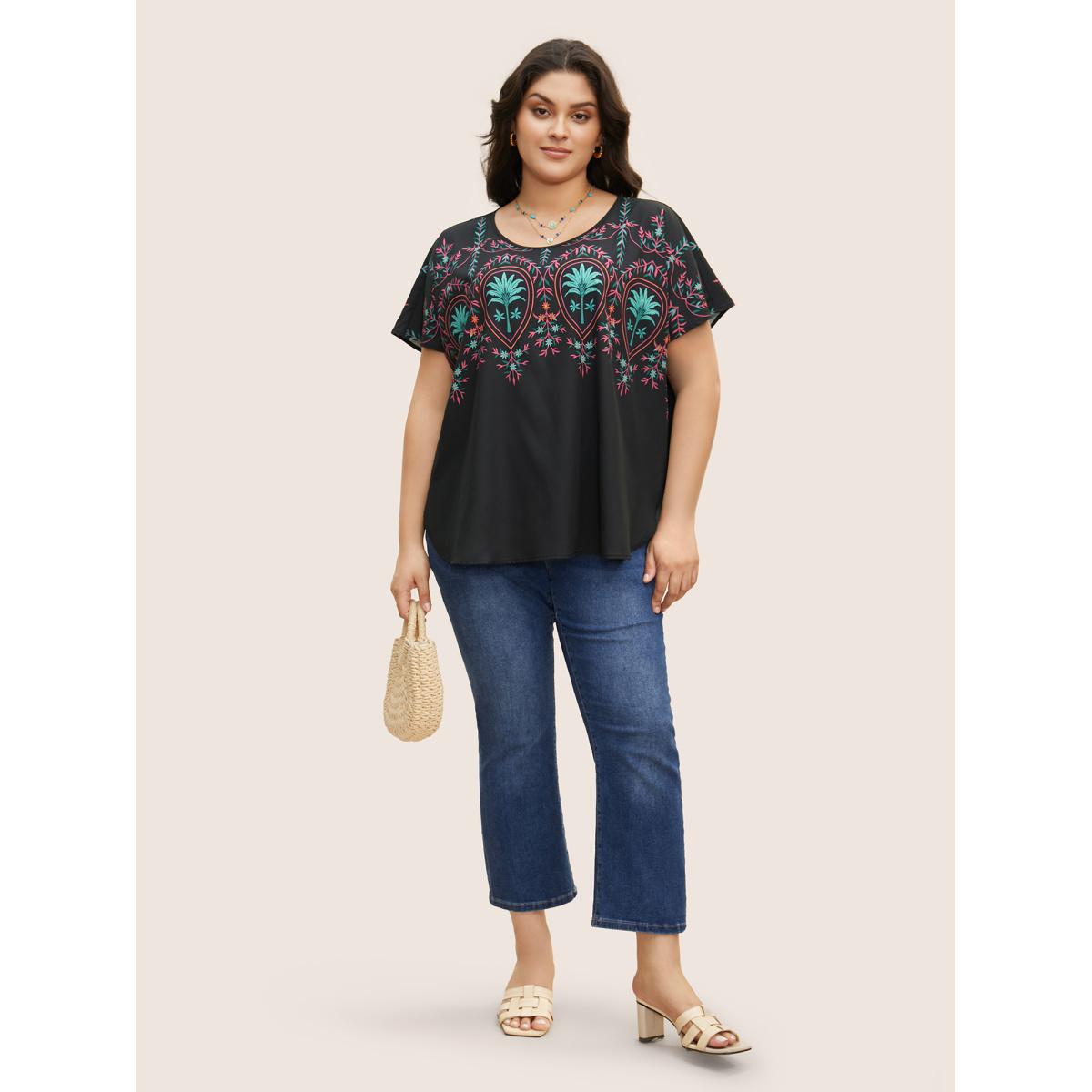 Plus Size Black Round Neck Boho Print Dolman Sleeve Blouse Women Resort Short sleeve Round Neck Vacation Blouses BloomChic 22-24/3X Product Image