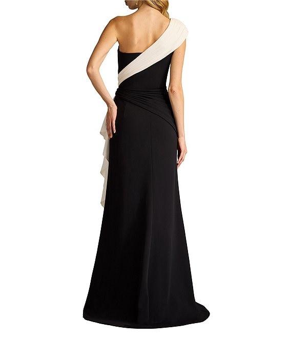 Tadashi Shoji One Shoulder Contrast Drape Front Crepe Sheath Gown Product Image