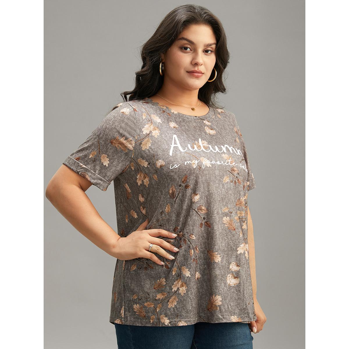 Plus Size Halloween Letter & Plant Print Cuffed Sleeve T-shirt Gray Women Casual Printed Positive slogan Round Neck Festival-Halloween T-shirts BloomChic 22-24/3X Product Image
