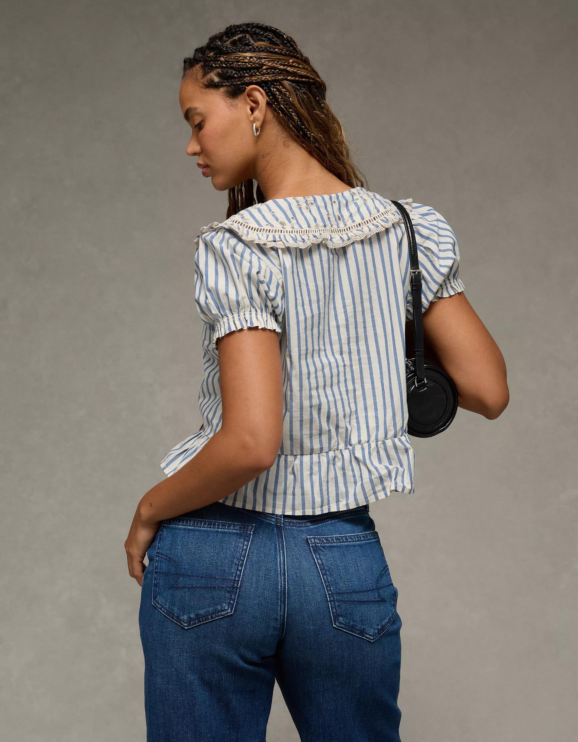 AE Collared Puff Sleeve Tie Front Blouse Product Image