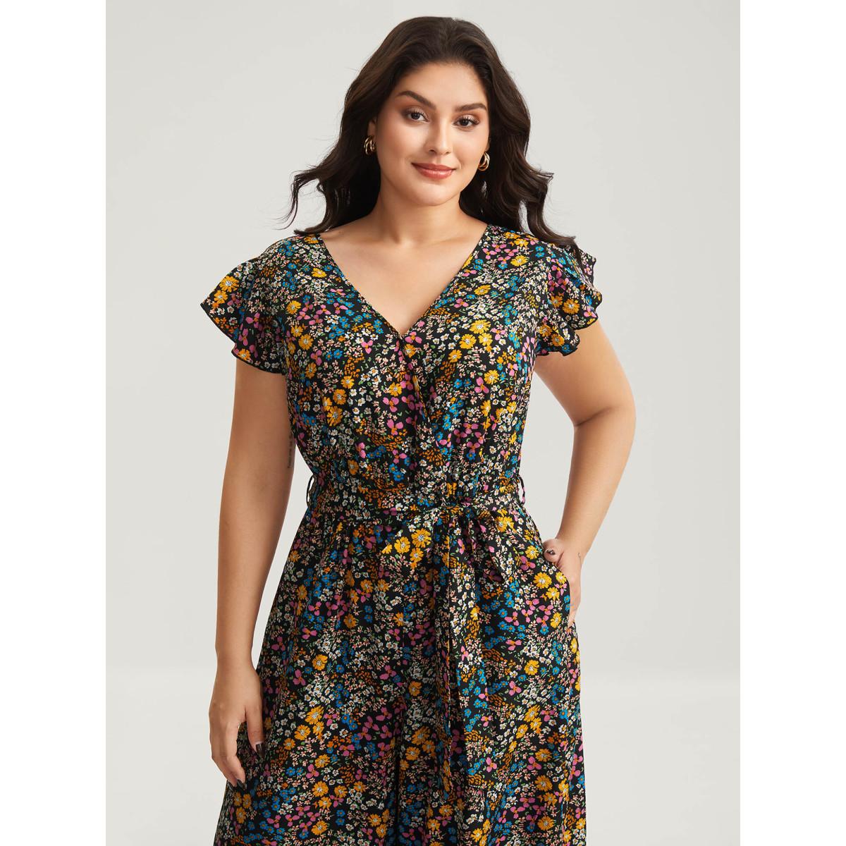 Plus Size Black Floral Print Belted Ruffled Sleeve Jumpsuit Women Timeless Cap Sleeve V-neck Elegant Loose Jumpsuits BloomChic 10/M Product Image