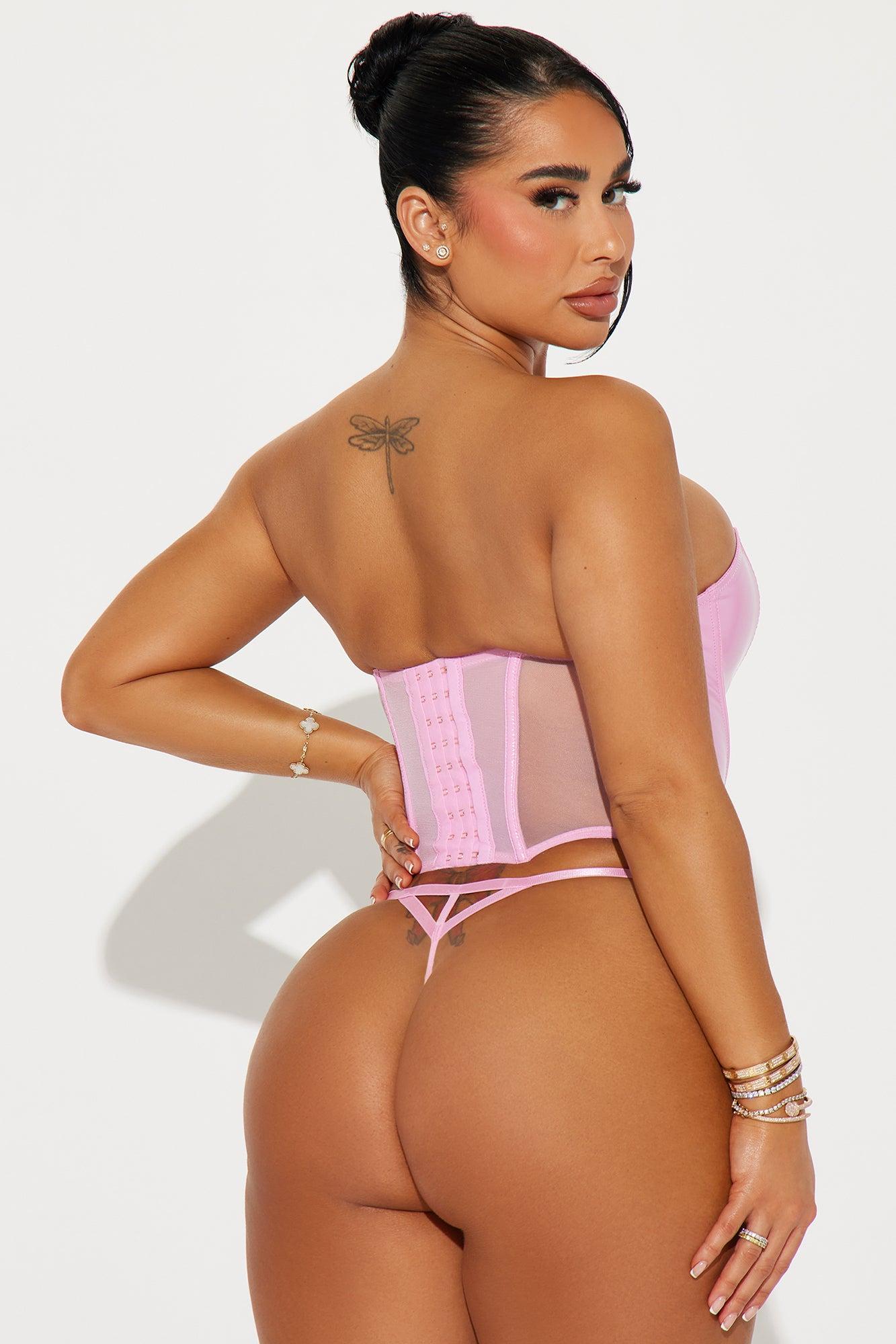 Follow My Lead Liquid Vinyl 2 Piece Corset Set - Pink Product Image