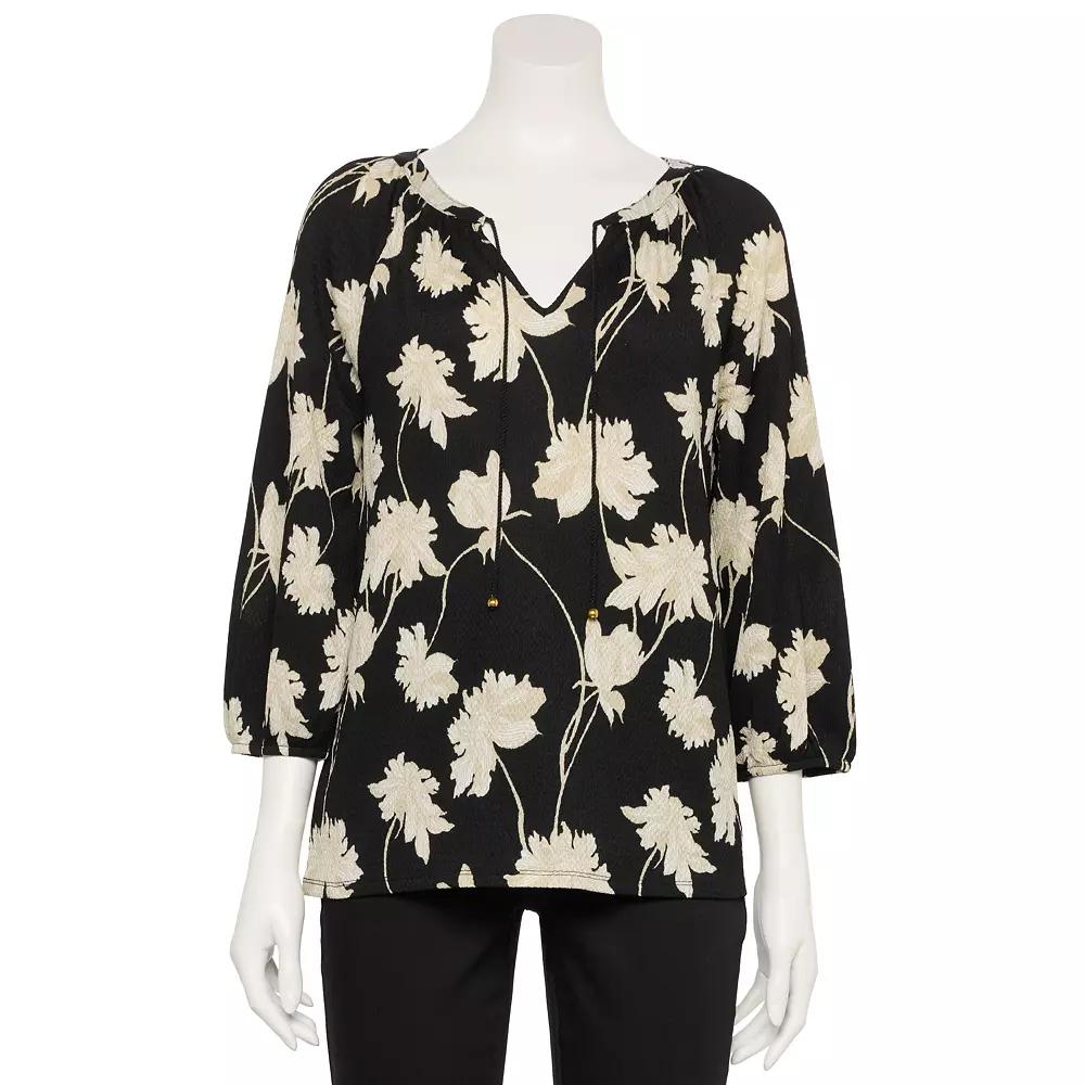 Petite Croft & Barrow® Three-Quarter Balloon Sleeve Peasant Top, Women's, Size: Medium Petite, Black Linework Floral Product Image