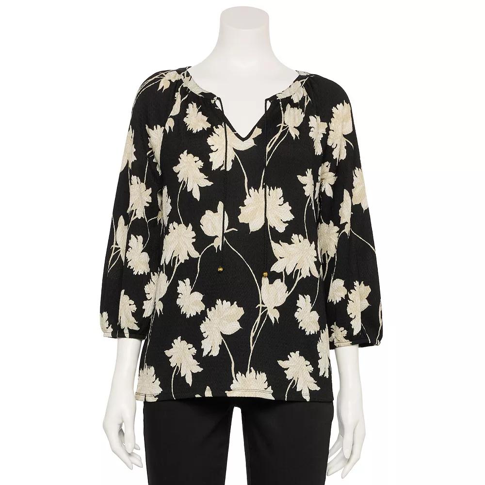 Petite Croft & Barrow® Three-Quarter Balloon Sleeve Peasant Top, Women's, Size: Medium Petite, Black Linework Floral Product Image