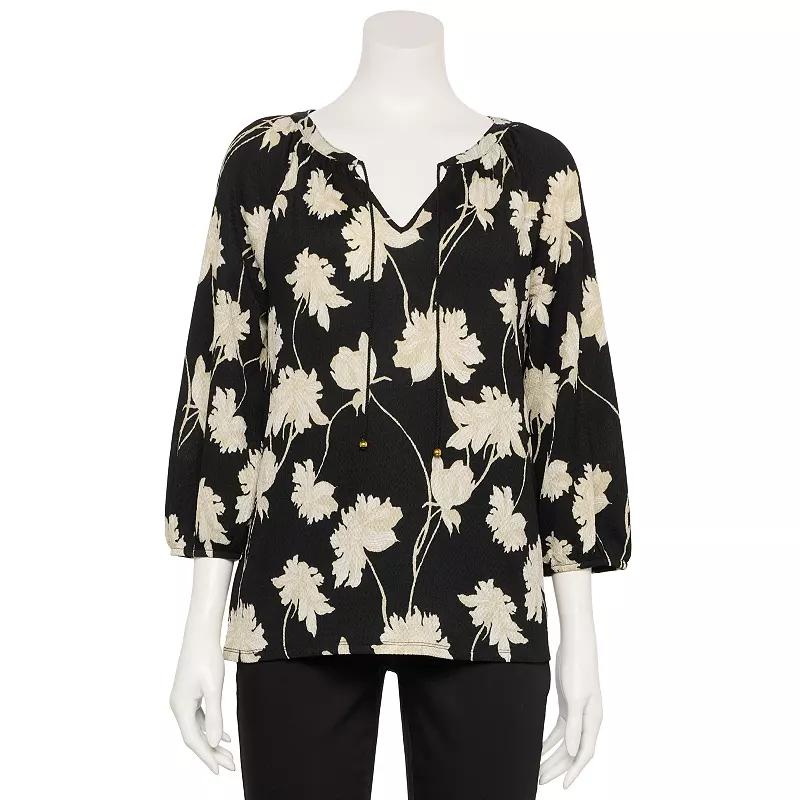 Petite Croft & Barrow® Three-Quarter Balloon Sleeve Peasant Top, Women's, Size: Medium Petite, Black Linework Floral Product Image