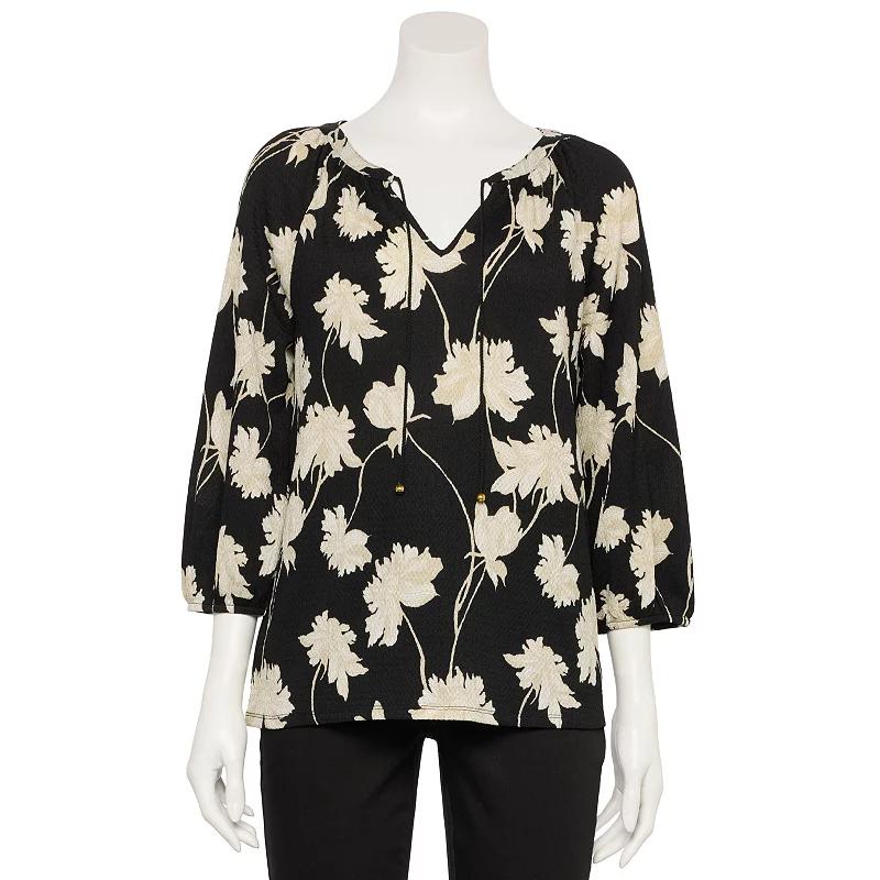 Petite Croft & Barrow® Three-Quarter Balloon Sleeve Peasant Top, Women's, Size: Medium Petite, Black Linework Floral Product Image