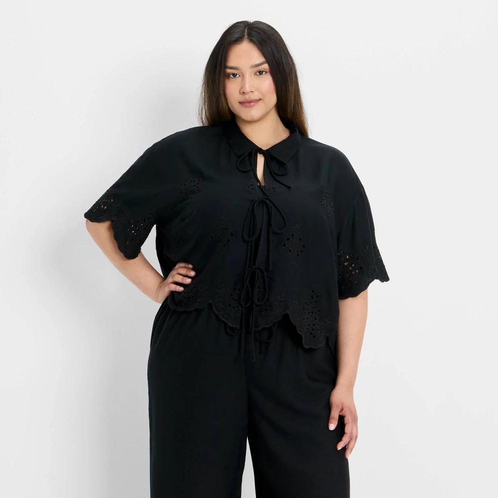 Women's Short Sleeve Embroidered Tie-Front Blouse - Future Collective Black 2X Product Image