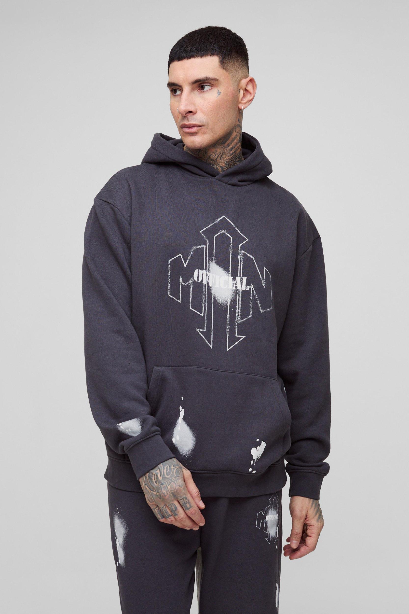 Tall Oversized Man Paint Splatter Hooded Relaxed Flare Tracksuit | boohooMAN USA Product Image