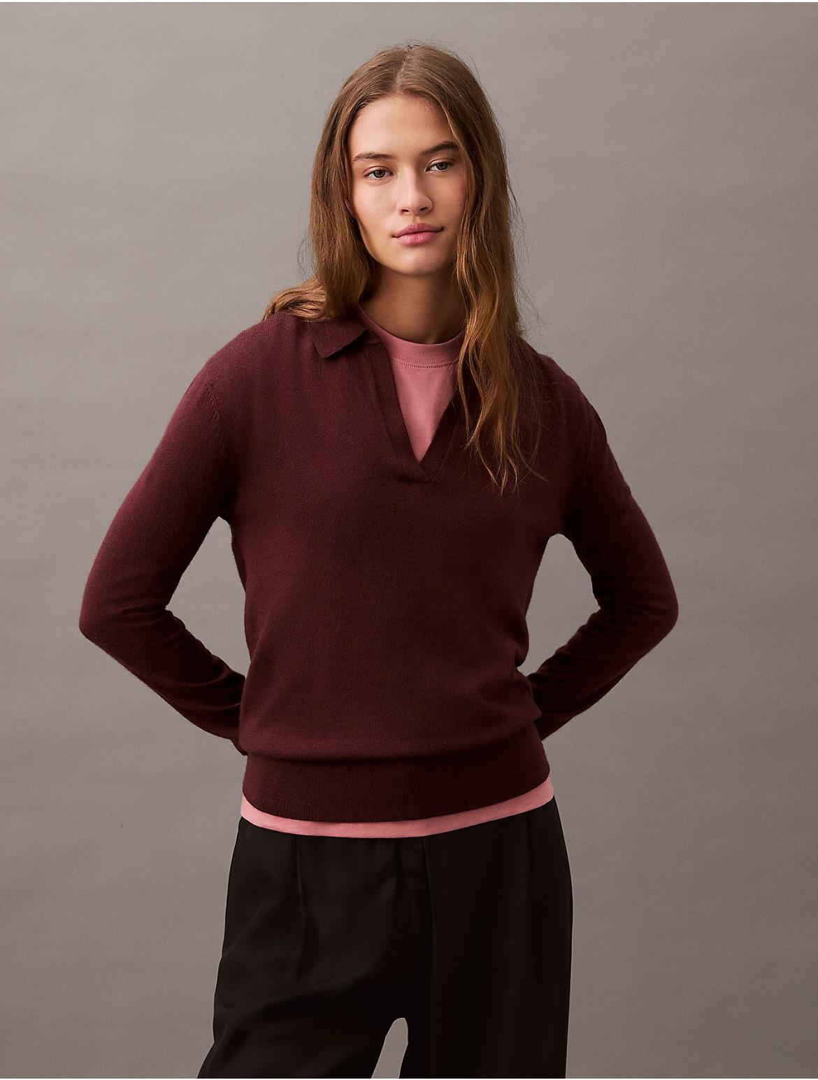 Calvin Klein Womens Extra Fine Merino Blend Polo Sweater - Red Product Image