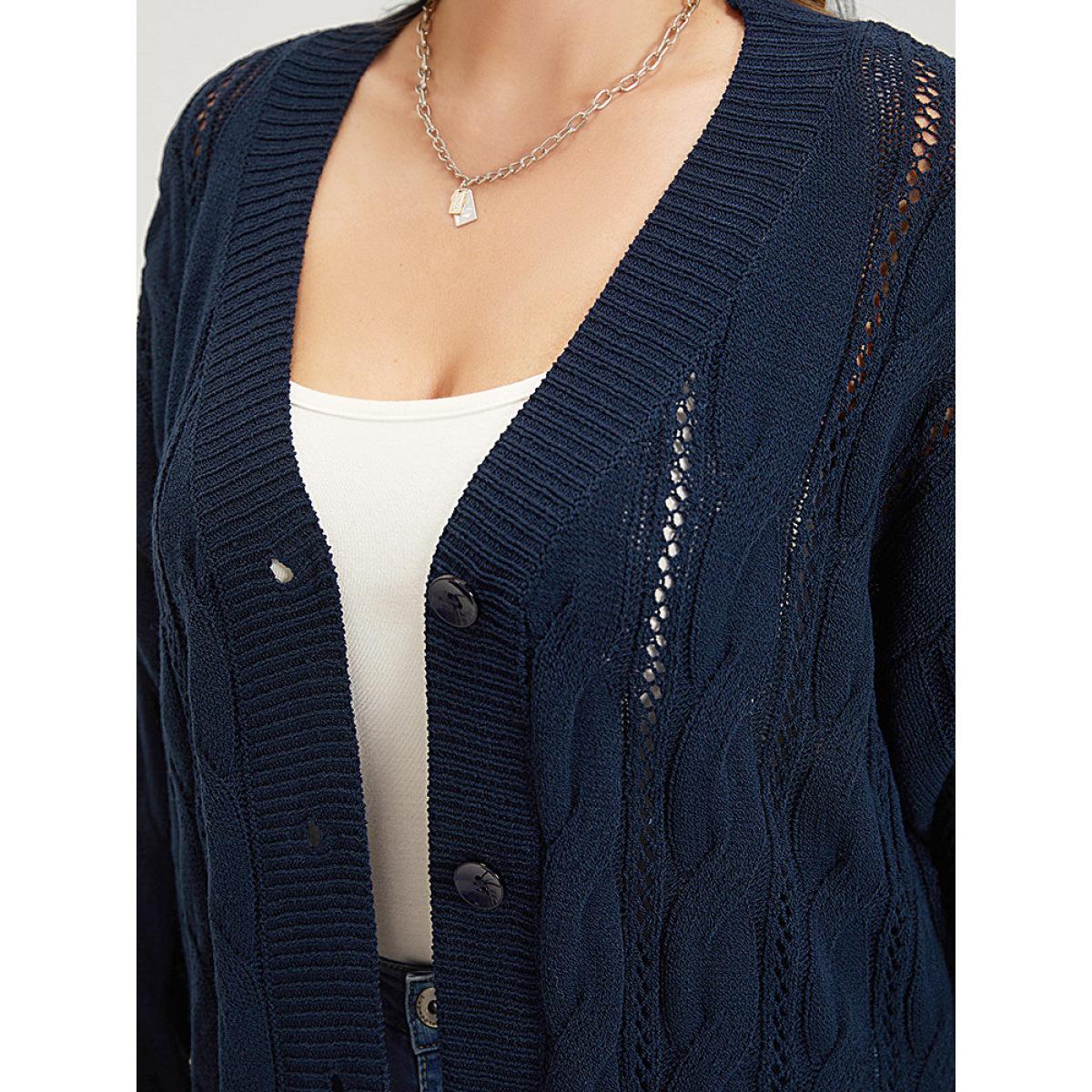 Plus Size Plain Button Up Cable Knit Split Side Cardigan Indigo Women Casual Loose Long Sleeve Everyday Cardigans BloomChic 14-16/1X Product Image