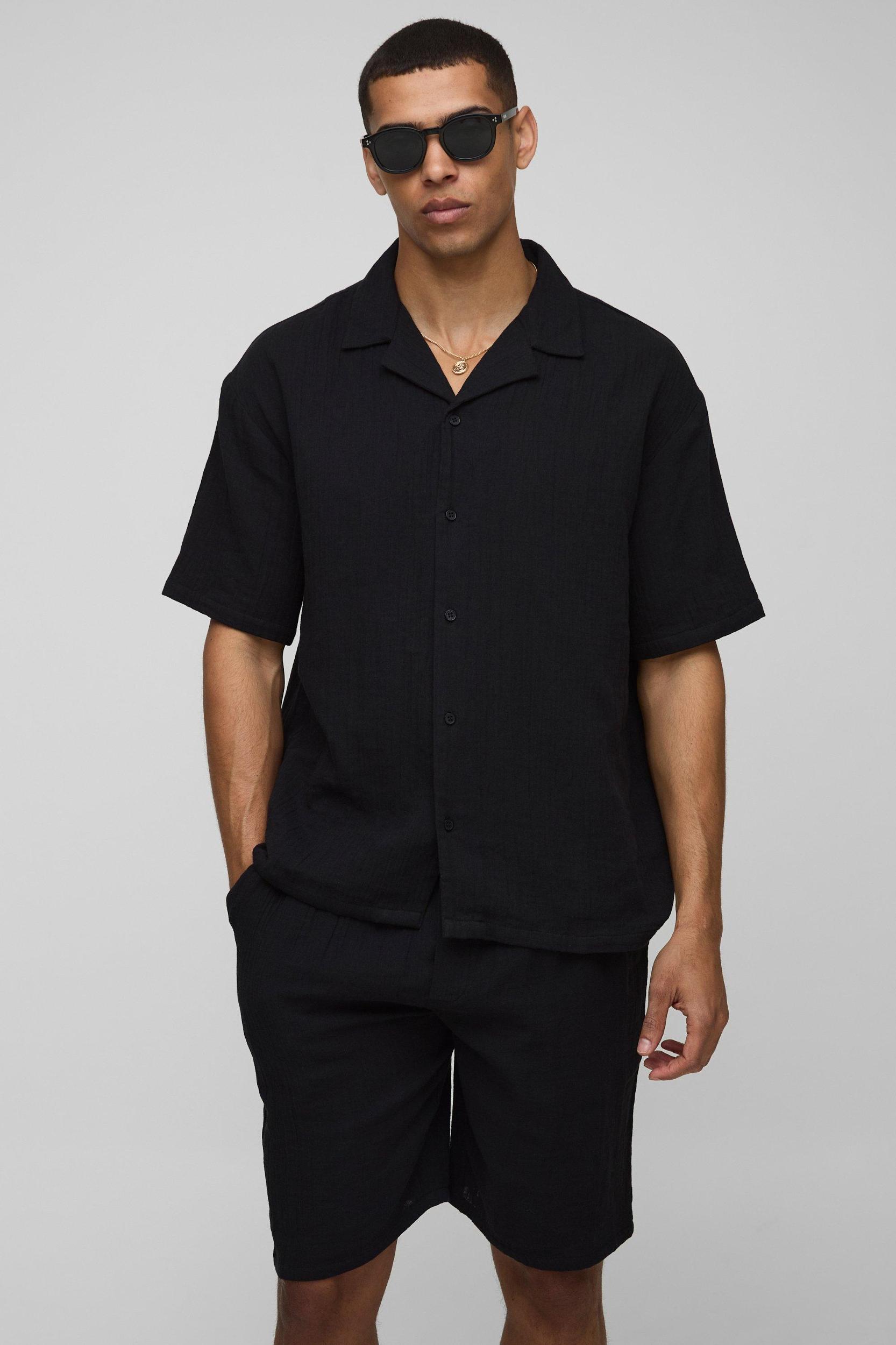 Oversized Revere Cheesecloth Shirt & Relaxed Short Set | boohooMAN USA Product Image