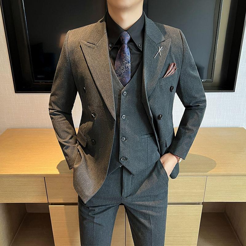 Set: Peak Lapel Plain Double-Breasted Blazer + V-Neck Single-Breasted Vest + High Waist Straight Leg Dress Pants Product Image