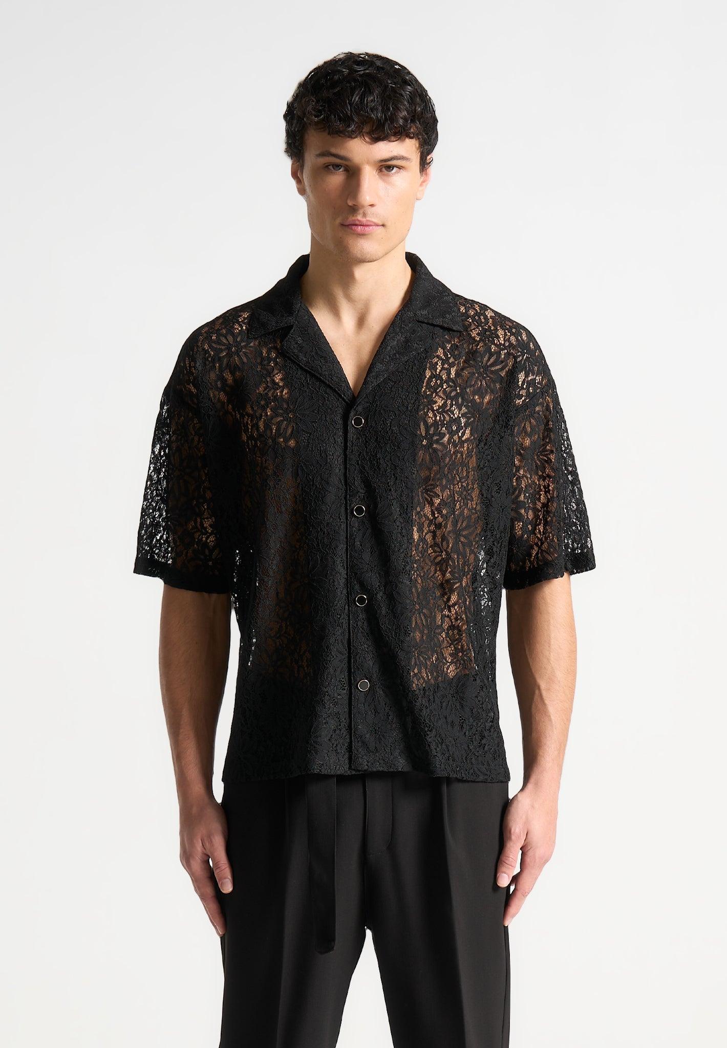 Boxy Lace Revere Shirt - Black Male Product Image