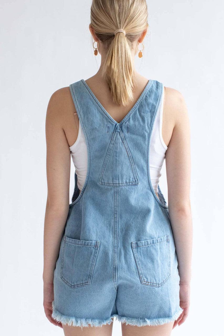 Light Wash Tie Waist Denim Overall Shorts Product Image