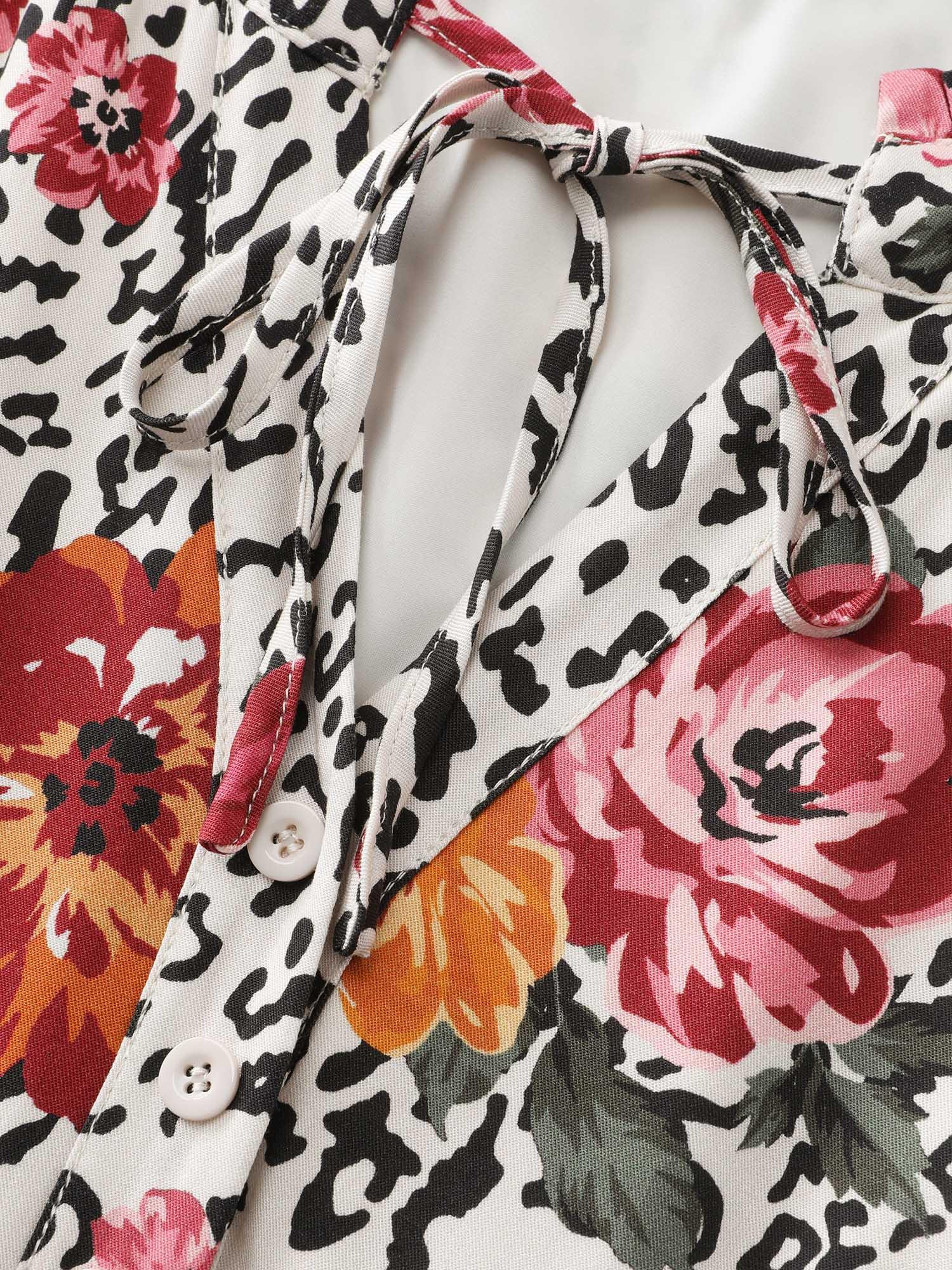 Leopard Floral Print Shirred Waist Midi Dress Female Product Image