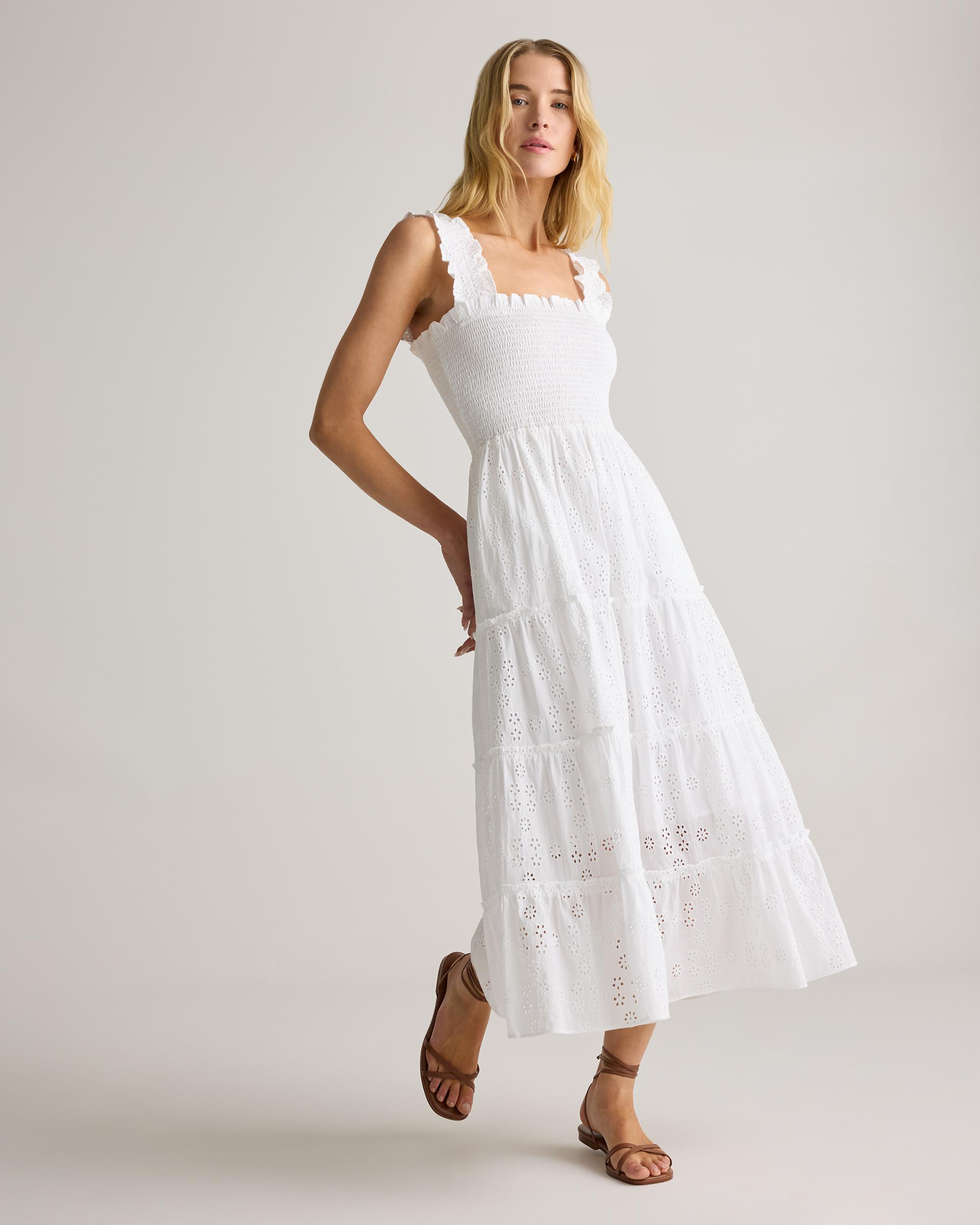 Quince | Women's Eyelet Smocked Midi Dress Organic Cotton Product Image