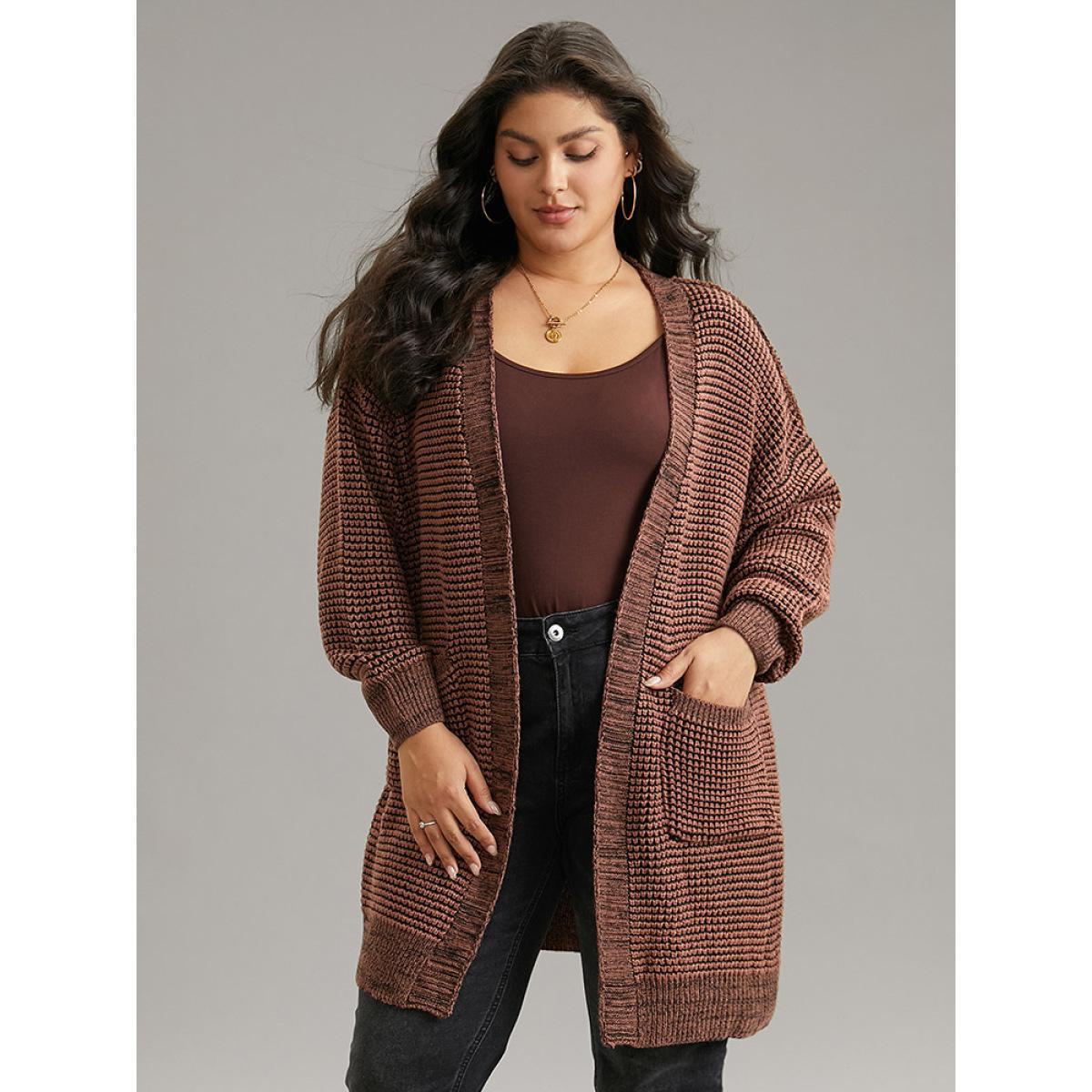 Plus Size Plisse Plain Patched Pocket Tunic Cardigan DarkBrown Women Casual Loose Long Sleeve Dailywear Cardigans BloomChic 22-24/3X Product Image