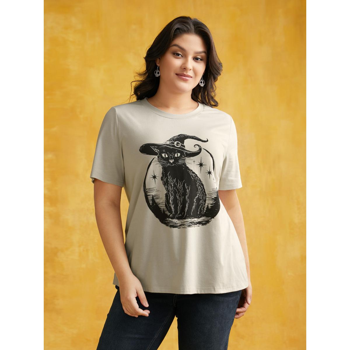 Plus Size Bewitched Cat Printed Crew Neck T-shirt Champagne Women Casual Non Halloween Round Neck Everyday T-shirts BloomChic 18-20/2X Product Image