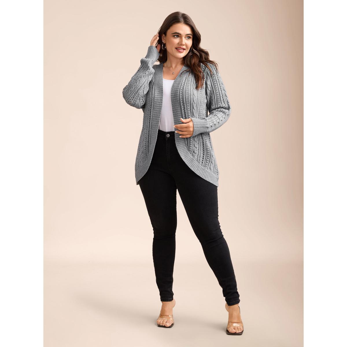 Plus Size Cut-Out Curvy Ribbed Hem Cardigan DarkGray Women Casual Loose Long Sleeve Everyday Cardigans BloomChic 10/M Product Image