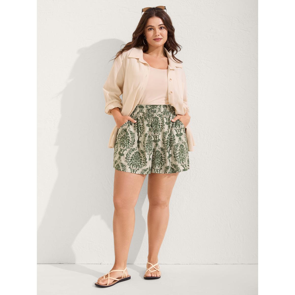 Plus Size Damask Print Straight-Leg Shorts Women LightGreen Resort Drawstring Straight Leg Vacation Shorts BloomChic 22-24/3X Product Image