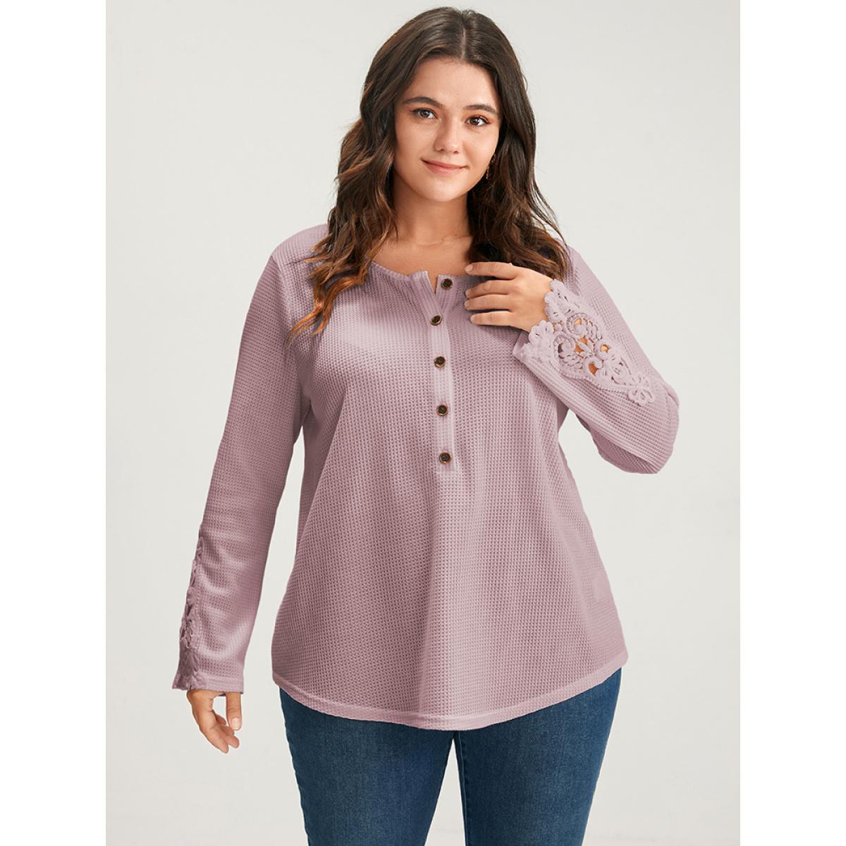 Plus Size Solid Button Up Waffle Knit Long Tee Lilac Women Elegant Plain Plain Round Neck Dailywear T-shirts BloomChic 12/L Product Image