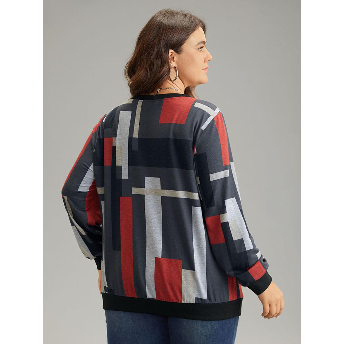 Plus Size Colorblock Contrast V Neck Rib Knit Sweatshirt Women DimGray Casual Rib Knit V-neck Dailywear Sweatshirts BloomChic 14-16/1X Product Image