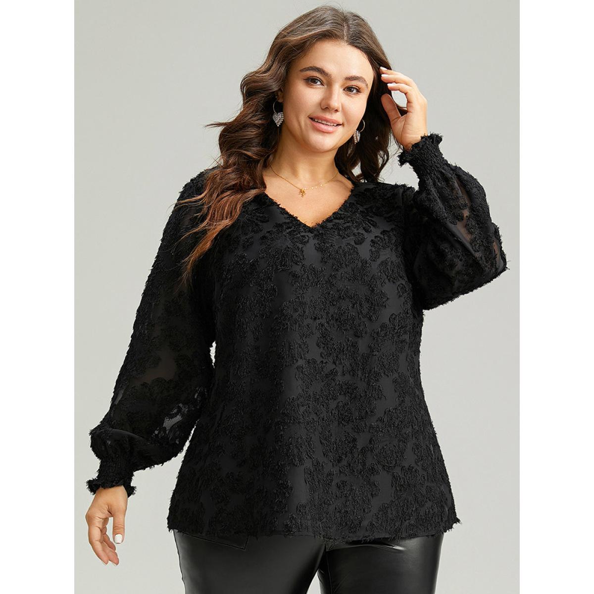Plus Size Black Plain Appliques Mesh V Neck Shirred Blouse Women Party&Cocktail Long Sleeve V-neck Party Blouses BloomChic 12/L Product Image