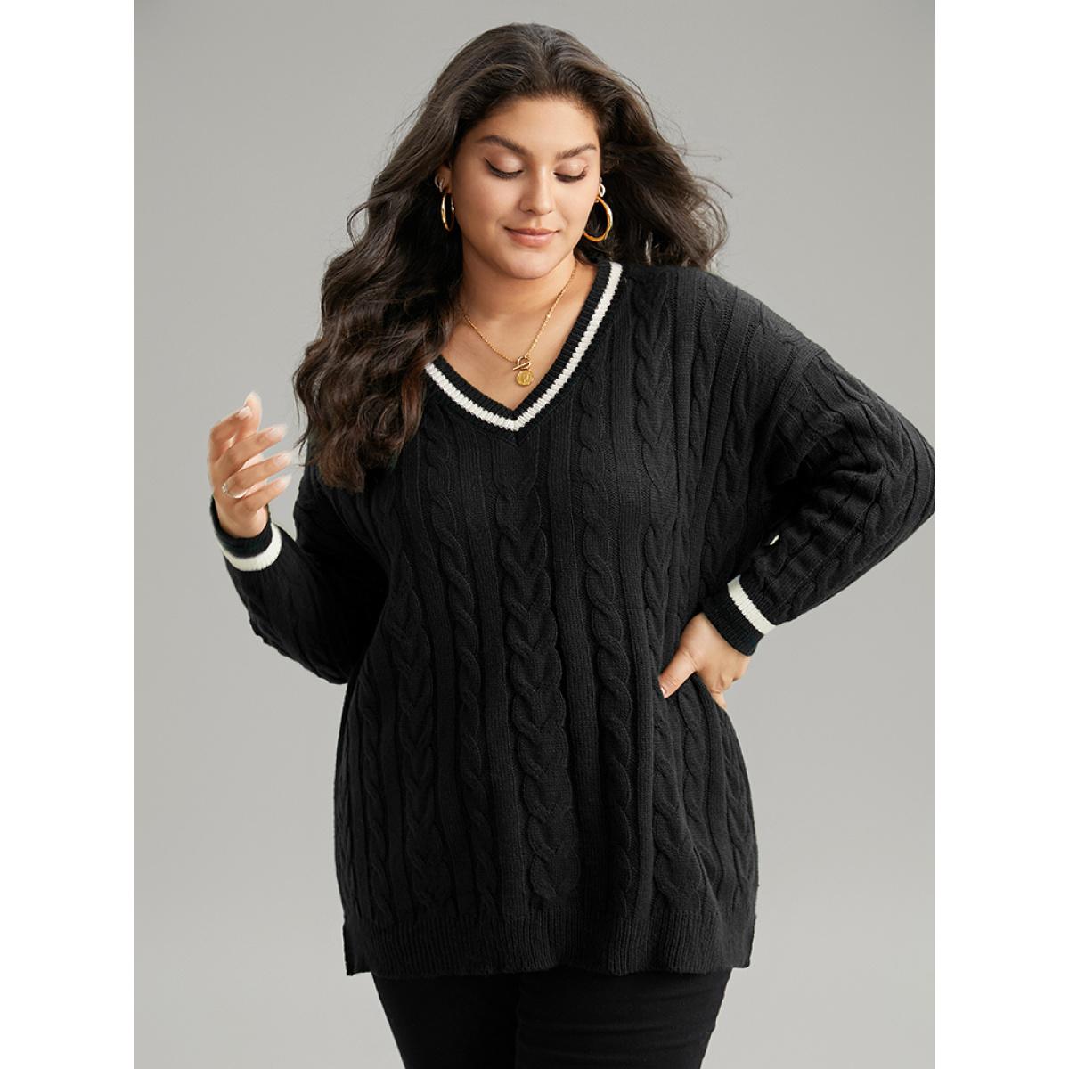 Plus Size Cable Knit Contrast Trim Drop Shoulder Pullover Black Women Casual Loose Long Sleeve V-neck Dailywear Pullovers BloomChic 22-24/3X Product Image