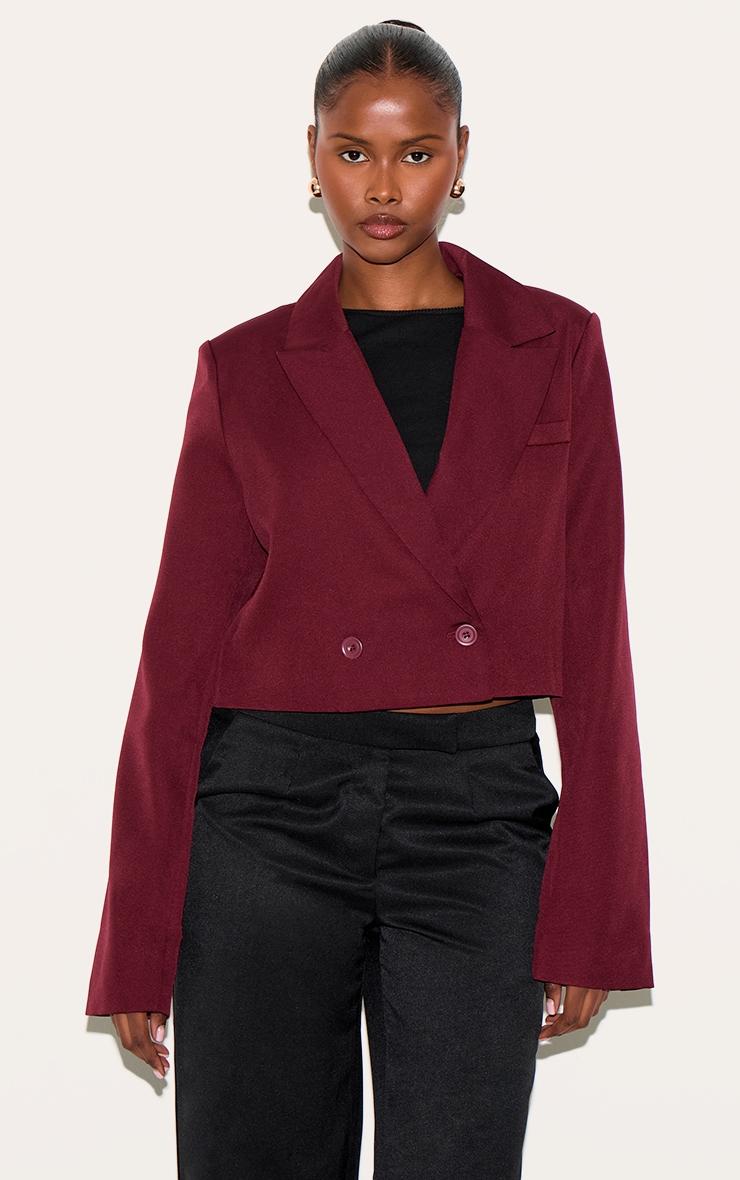 Burgundy Woven Cropped Shoulder Padded Blazer Product Image