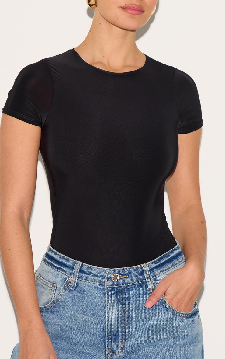Black Basic Slinky Short Sleeve Bodysuit Product Image