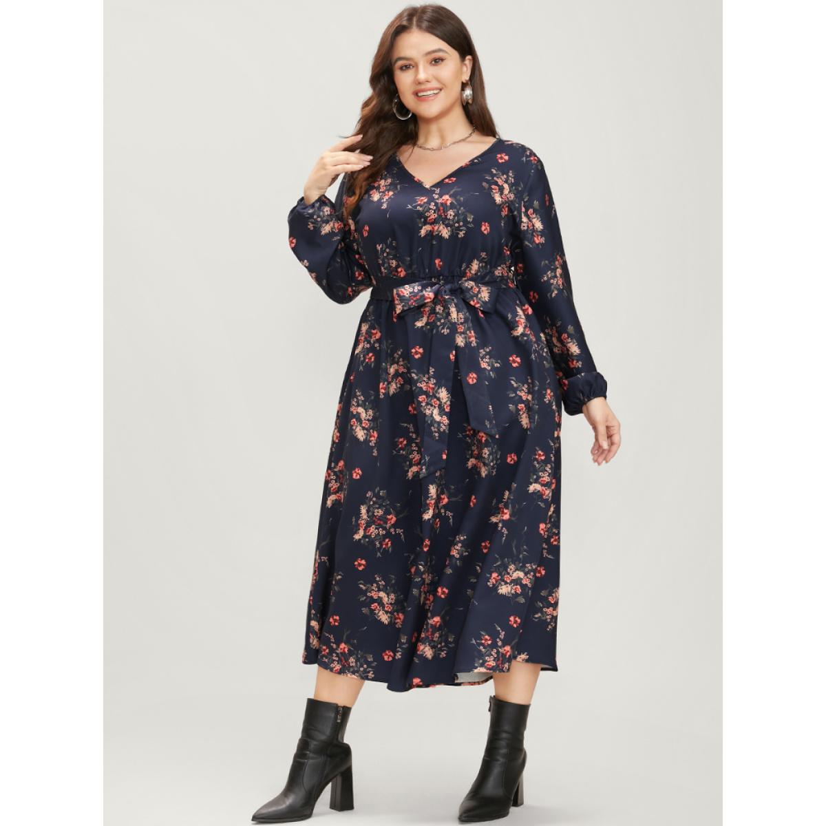 Plus Size Floral Print V Neck Lantern Sleeve Pocket Belted Dress Navy Women Elegant Elastic Waist V-neck Long Sleeve Curvy Midi Dress BloomChic 26/4X Product Image