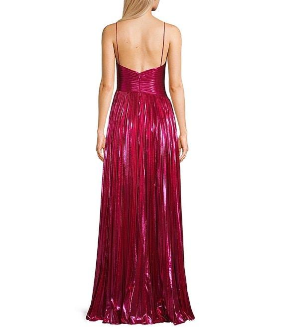 Jovani Metallic V-Neck Spaghetti Strap Pleated A-Line Gown Product Image