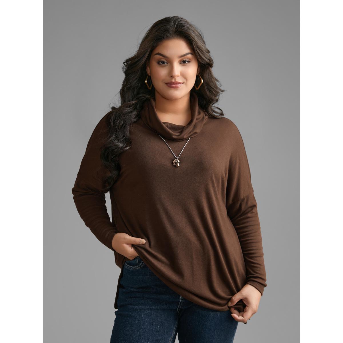 Plus Size Turtleneck Dolman Sleeve Split Hem T-shirt Browncoffeecolor Women Leisure Slit Ruffled collar Loose Casual T-shirts BloomChic 30/6X Product Image