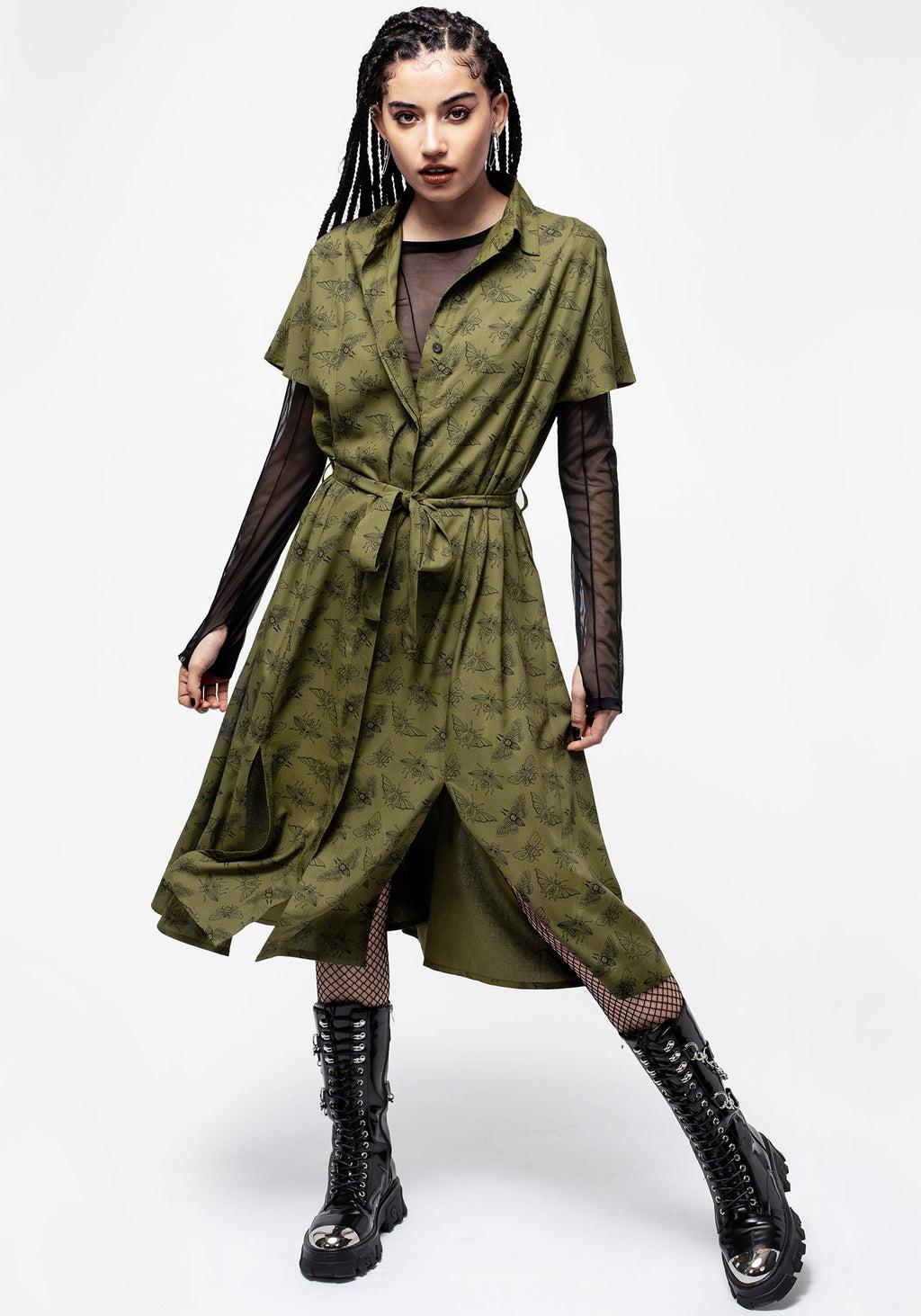 Mortmoth Print Midi Shirt Dress - Green Product Image