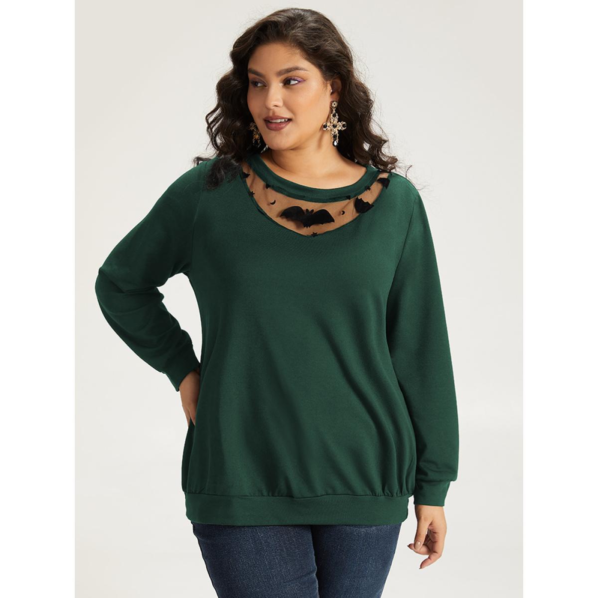 Plus Size Halloween Bat Print Mesh Patchwork Sweatshirt Women DarkGreen Elegant Elastic cuffs Round Neck Festival-Halloween Sweatshirts BloomChic 18-20/2X Product Image