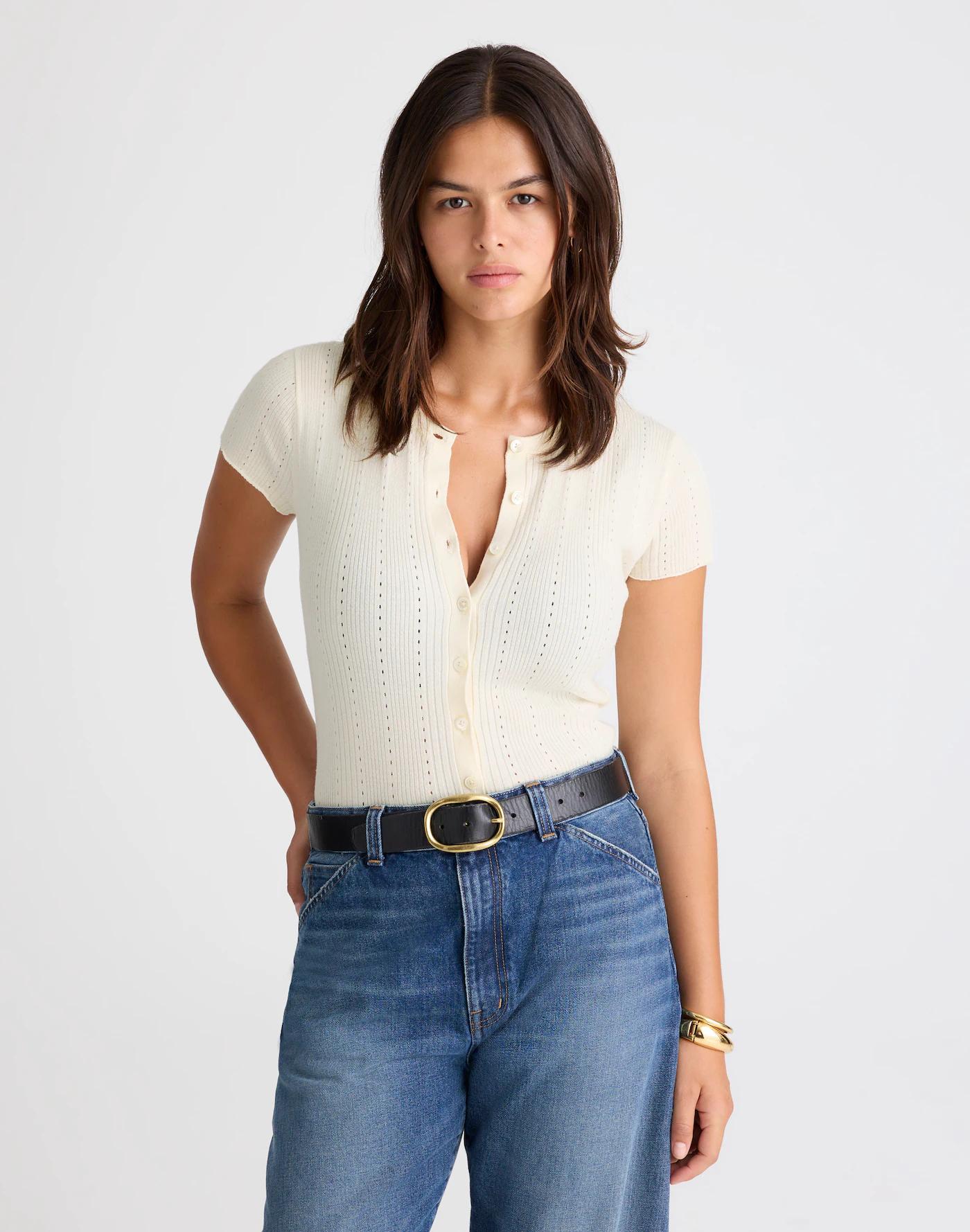 Cotton-Blend Pointelle Short-Sleeve Cardigan Product Image