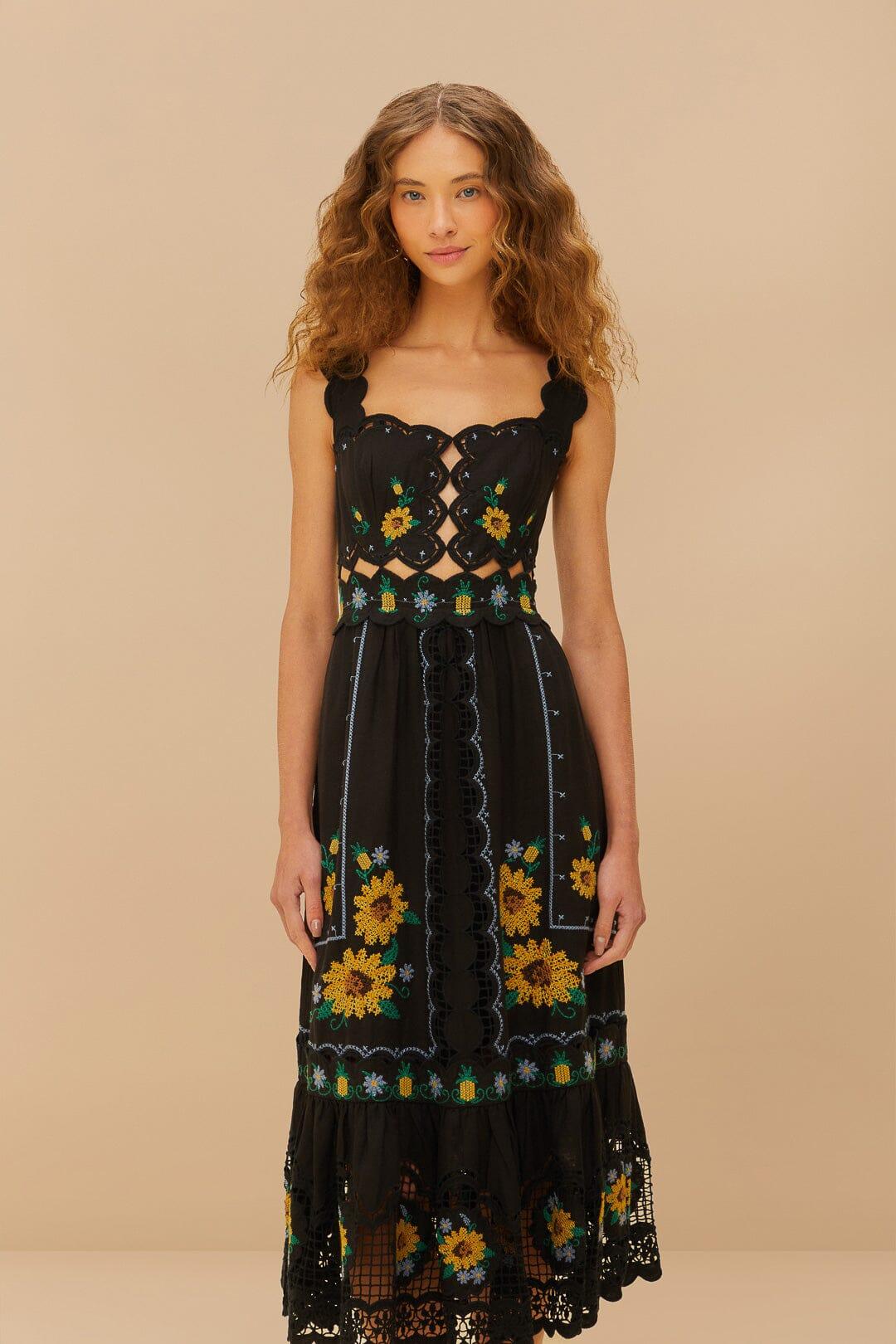 Black Cross Stitch Sunflower Richelieu LENZING™ ECOVERO™ Euroflax™ Midi Dress Product Image