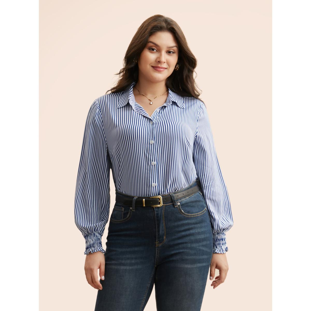 Plus Size Mediumblue Striped Shirt Collar Shirred Blouse Women Elegant Long Sleeve Shirt collar Everyday Blouses BloomChic 10/M Product Image