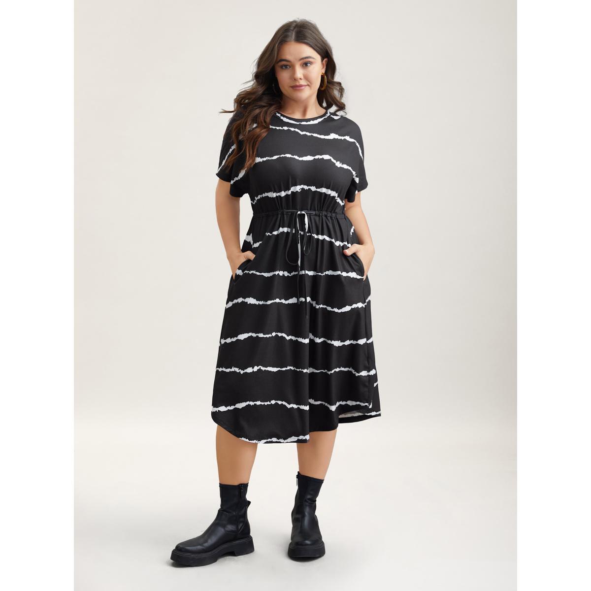 Plus Size Striped Waist-Tie Dolman Sleeve Midi Dress Black Women Casual Drawstring Knit Dresses Bloomchic 30/6X Product Image