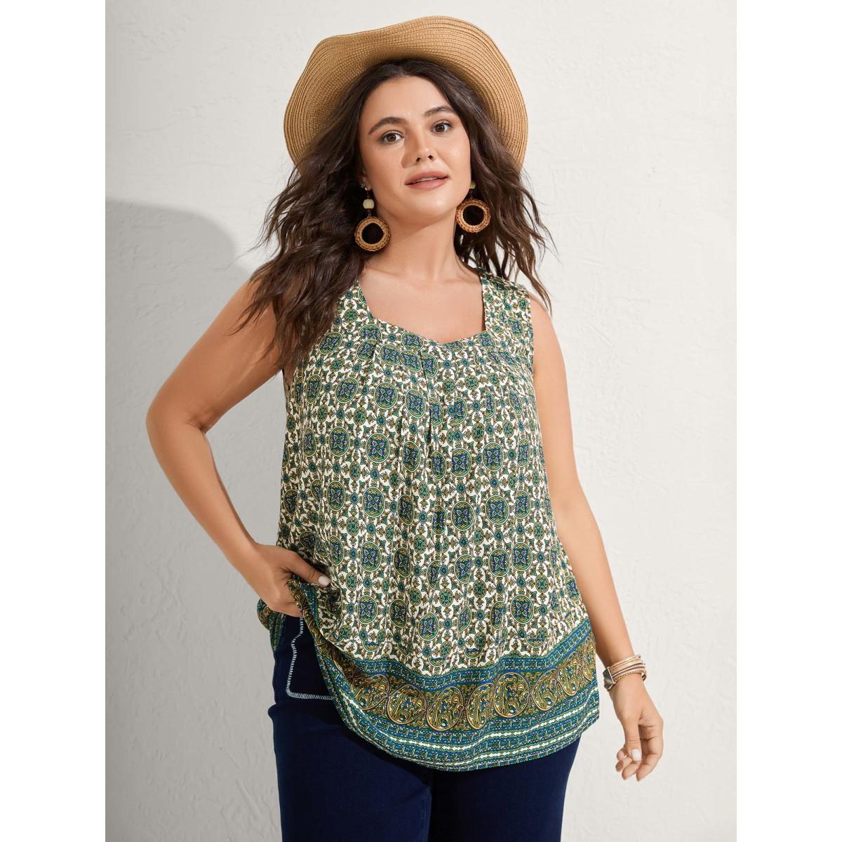 Plus Size Floral Print Pleated Neckline Tank Top Women Teal Boho Pleated Square Neck Vacation Tank Tops Camis BloomChic 12/L Product Image