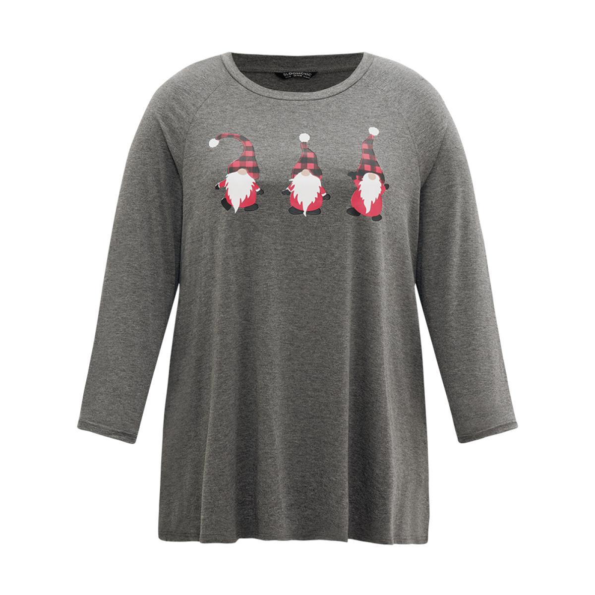 Plus Size Santa Claus Print Long Sleeve T-shirt Gray Women Casual Printed Christmas Dailywear T-shirts BloomChic 18-20/2X Product Image