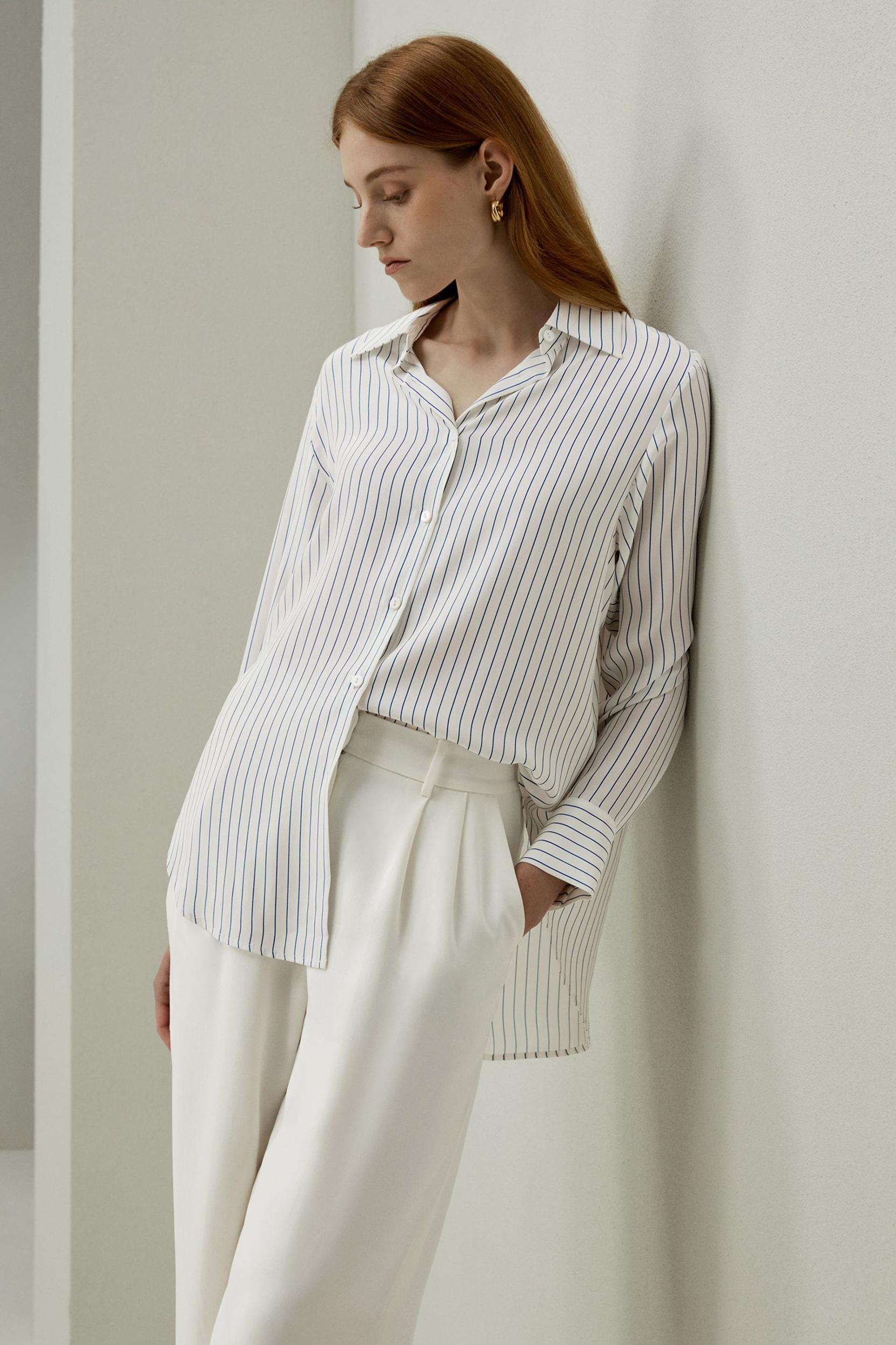 LILYSILK Women's Silk Charmeuse Oversized SOS Shirt, Brown Pinstripe, XXL Product Image