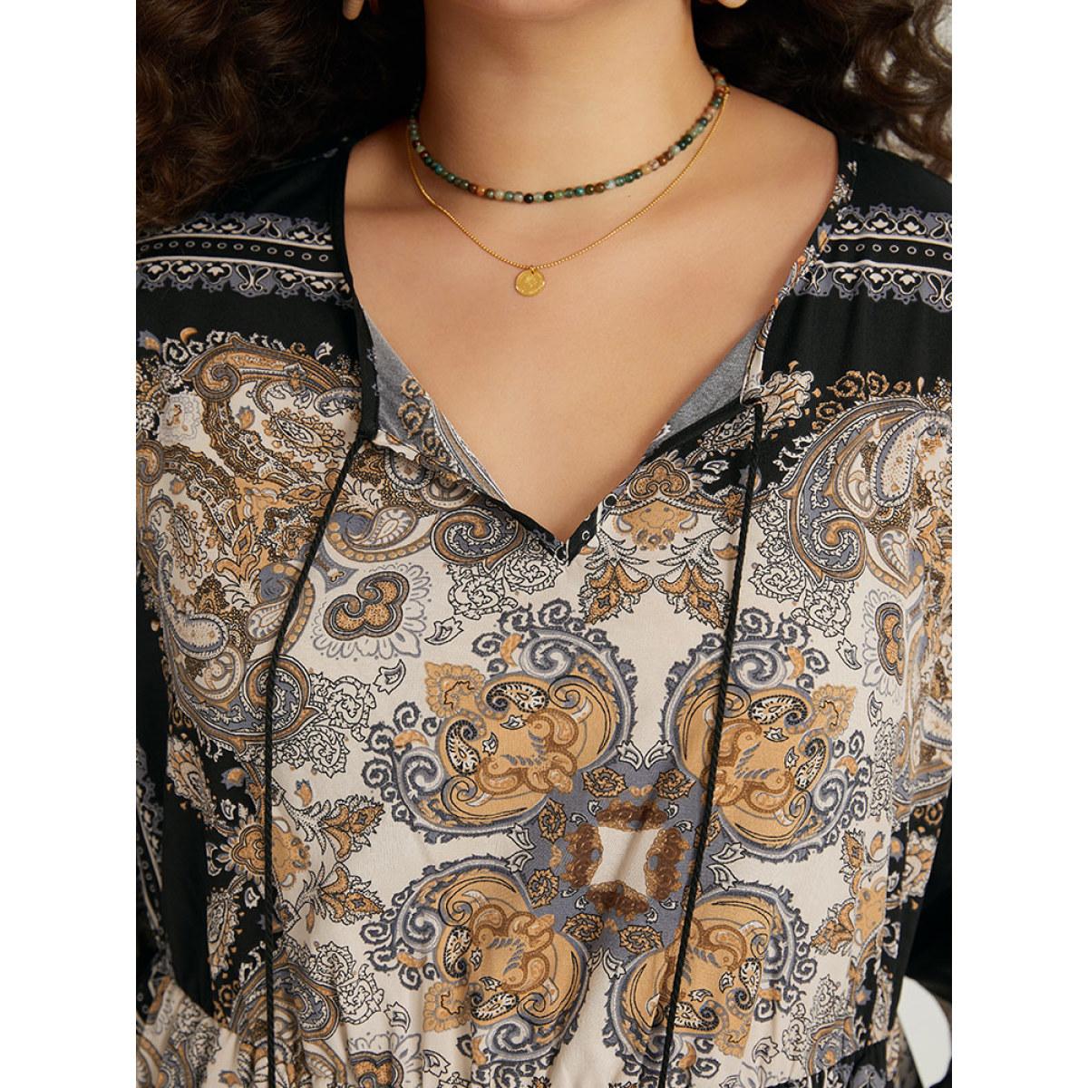 Plus Size Bandana Print Split Side Tassels Ties Dress Black Women Vacation Tassels Tie Neck Long Sleeve Curvy Midi Dress BloomChic 22-24/3X Product Image